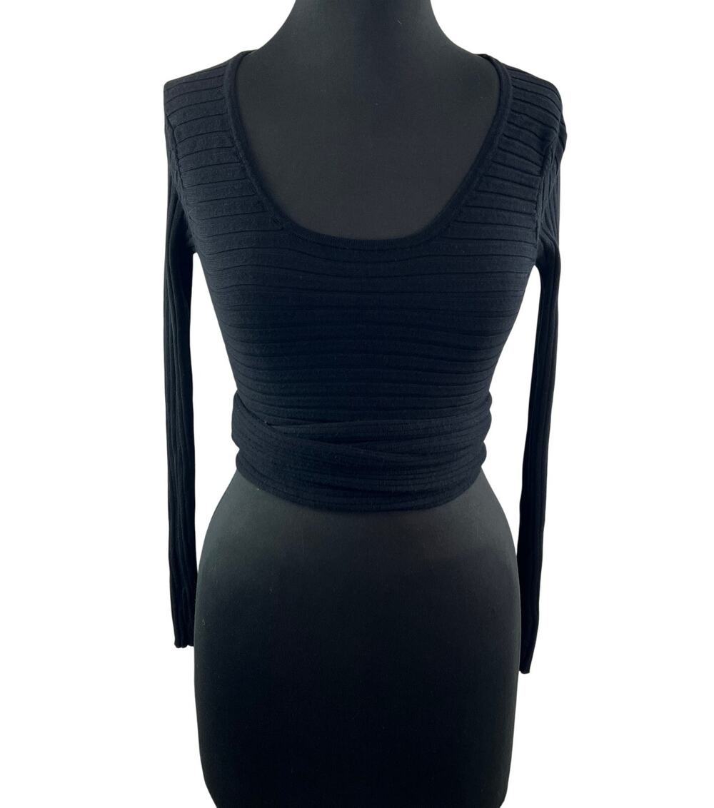 LULUS Black Crop Top Stretch Ribbed Knit Scoop Neck Tie-Waist Pullover Medium M